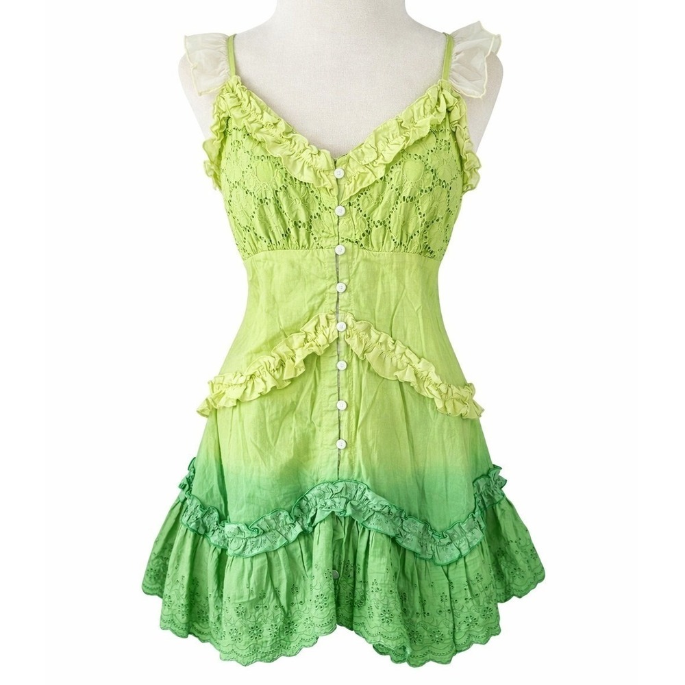 Chaudry KC Lace Ruffle Mini Dress Green Boho Festival Y2K Deadstock NWT Women S